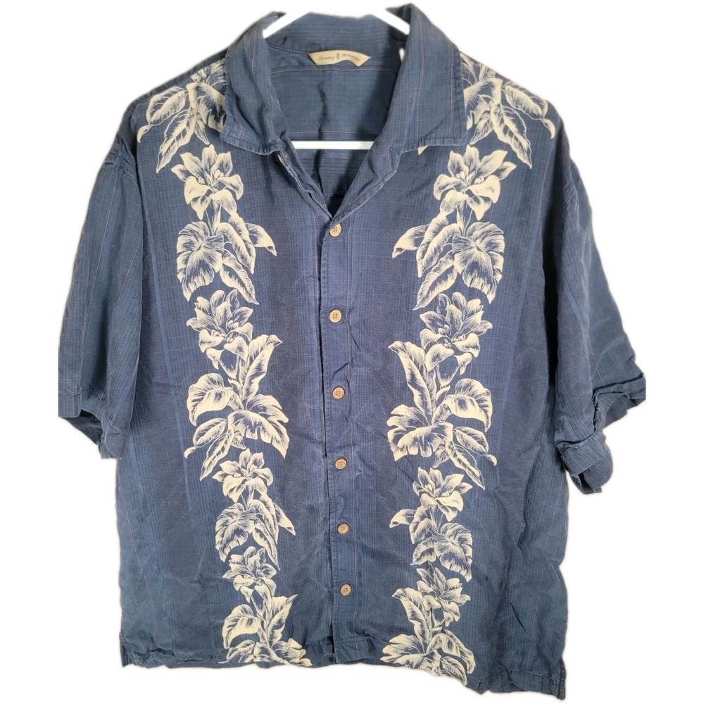 Tommy Bahama Shirt Mens XL Blue Tencel Floral Panel Camp Tropical Beach Resort